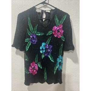 Vintage Stenay Silk Beaded Sequined FloralTunic Shirt Small